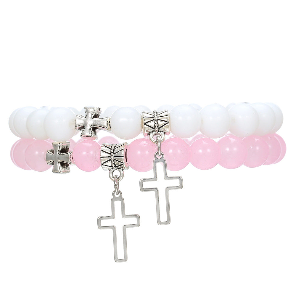 Wholesale Cross Pendant Black Onyx Imitation Pearl Beaded Bracelet